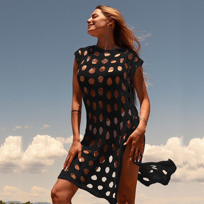 Wholesale Knitted Large Round Hollow Out Pullover One-piece Beach Cover Up